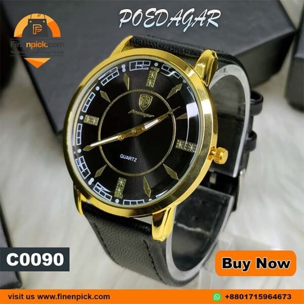 POEDAGAR 4514 Quartz Watch Black Leather Strap