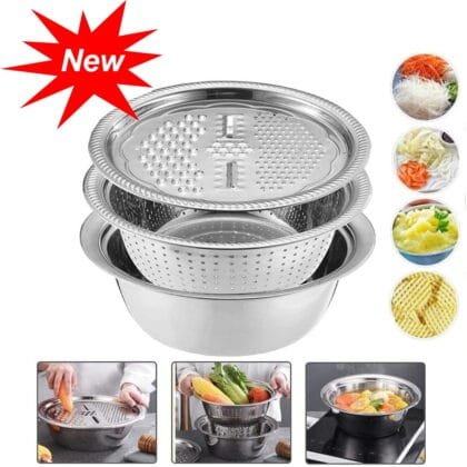 Stainless Steel 3-in-1 Kitchen Set – Strainer, Grater & Bowl