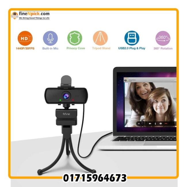 Fifine K420 Webcam 1440P, 2K Web Camera with Privacy Cover & Tripod for Laptop Desktop, Plug & Play 4MP HD USB Webcam with Built-in Mic for Live Streaming, Zoom Meeting, Online Class, Video Calling - Image 2