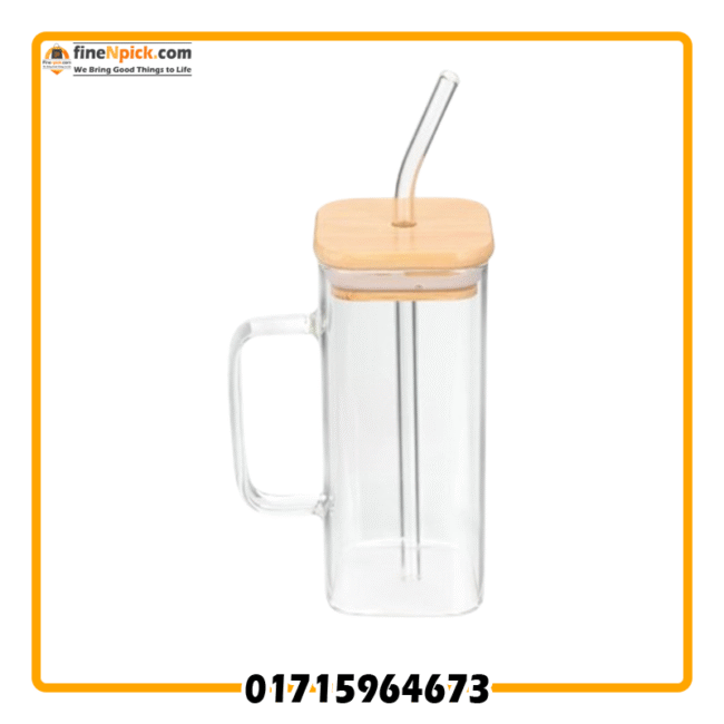 Natural Square Glass Juice cup with Wooden led & Straw -400ml