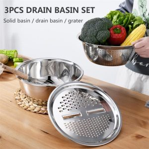Stainless Steel 3-in-1 Kitchen Set – Strainer, Grater & Bowl - Image 3